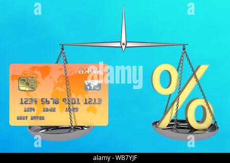 3D illustration: vintage scales in balance with an Bank card on one side and a yellow percent sign on the other. Business metaphor. Banking sector Stock Photo