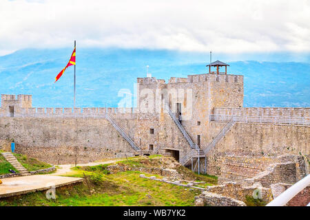 Ohrid citadel wall and flag in the Republic of Macedonia Stock Photo