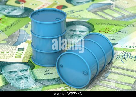 3d illustration: Blue barrels of oil lie on background of Iranian Rial banknotes, Islamic Republic of Iran. Petroleum business, black gold, gasoline p Stock Photo