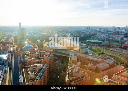 Aerial view on modern architecture in Potsdamer Platz Square in German City centre in Berlin in Germany in Europe. Building architecture. Details of e Stock Photo