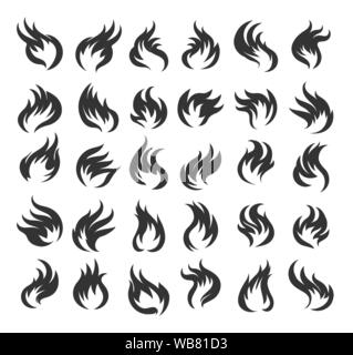 Fire flames Icon set. Thirty vector icons of fire on white background. Vector Illustration Stock Vector