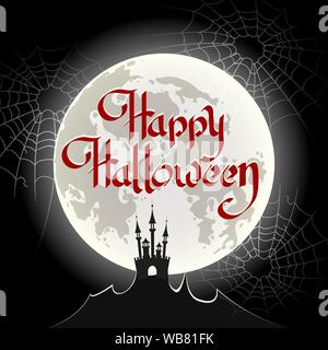 Hand drawn Happy Halloween lettering with moon and spider web background. Vector illustration Stock Vector