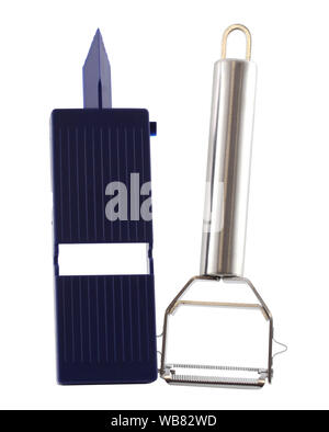 Set of steel and plastic potato cleaner on white background. You can also scratch vegetables and peel fruits. It also has the tip to cut the wrong Stock Photo