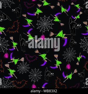 Fun Halloween seamless pattern background with witches on broomsticks,flying bats and spiderwebs with cute spiders. Stock Vector