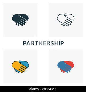 Partnership icon set. Four elements in diferent styles from advertising icons collection. Creative partnership icons filled, outline, colored and flat Stock Vector