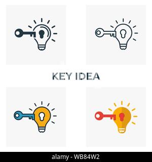 Key Idea icon set. Four elements in diferent styles from advertising icons collection. Creative key idea icons filled, outline, colored and flat Stock Vector