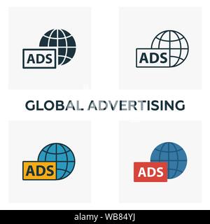 Global Advertising icon set. Four elements in diferent styles from advertising icons collection. Creative global advertising icons filled, outline Stock Vector