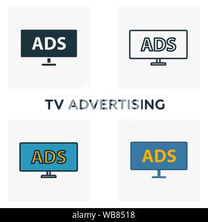 Tv Advertising icon set. Four elements in diferent styles from advertising icons collection. Creative tv advertising icons filled, outline, colored Stock Vector