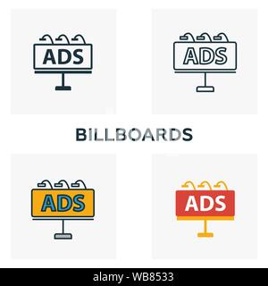 Billboards icon set. Four elements in diferent styles from advertising icons collection. Creative billboards icons filled, outline, colored and flat Stock Vector