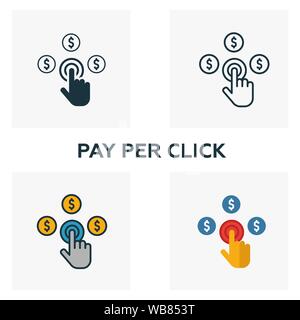 Pay Per Click icon set. Four elements in diferent styles from advertising icons collection. Creative pay per click icons filled, outline, colored and Stock Vector