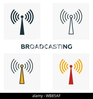 Broadcasting icon set. Four elements in diferent styles from advertising icons collection. Creative broadcasting icons filled, outline, colored and Stock Vector