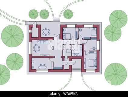 Architectural plan of a house. Top view with furniture. Vector illustration. EPS10 Stock Vector