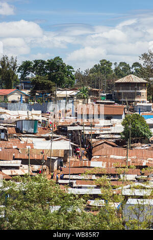 View of a section of Kibera slum showing makeshift shack housing, Nairobi, Kenya Stock Photo