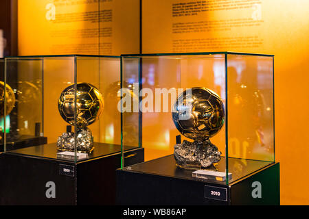BARCELONA, SPAIN - 12 JANUARY 2018: The museum of trophies of the cups and awards of the team FC Barcelona in the of Camp Nou. Stock Photo