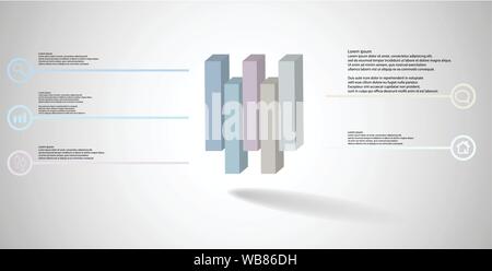 3D illustration infographic template. The embossed cube is vertically divided to five shifted parts. Object is arranged on grey white background. Line Stock Vector