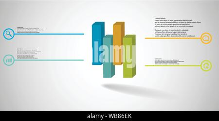 3D illustration infographic template. The embossed cube is vertically divided to four shifted parts. Object is arranged on grey white background. Line Stock Vector