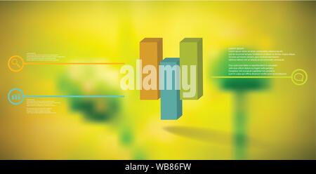 3D illustration infographic template. The embossed cube is vertically divided to three shifted parts. Object is arranged on blurred photo. Lines with Stock Vector