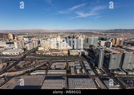Las Vegas, Nevada, USA - March 13, 2017:  Aerial view of Bellagio, Caesars Palace and other resort towers near Interstate 15. Stock Photo