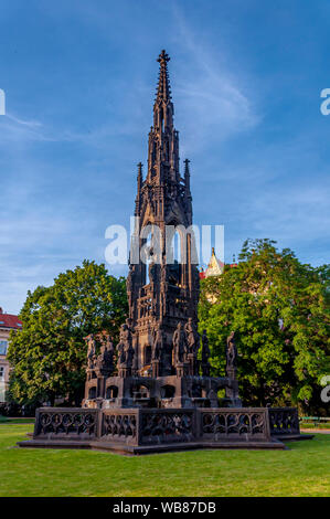 Kranner's Fountain (Krannerova kasna), highest fountain in Prague. Neo-Gothic monument to Emperor Francis I of Austria. Smetana Embankment (Smetanovo Stock Photo