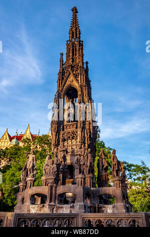 Kranner's Fountain (Krannerova kasna), highest fountain in Prague. Neo-Gothic monument to Emperor Francis I of Austria. Smetana Embankment (Smetanovo Stock Photo