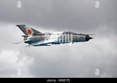 Romanian Air Force MiG 21 fighter jet displays at the Royal International Air Tattoo at RAF Fairford Gloucester Stock Photo