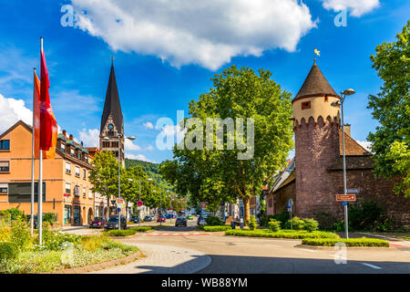 Market square with town hall and town hall tower, Ettlingen, Germany, Black Forest, Baden-Wuerttemberg, Germany, Europe. Downtown of Ettlingen town in Stock Photo
