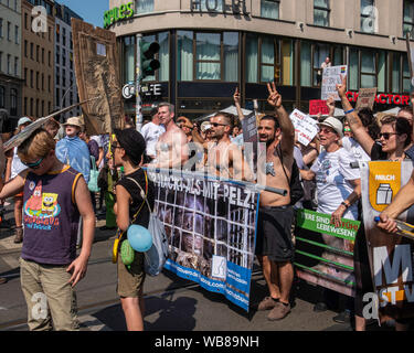 Rosenthaler Platz, Mitte, Berlin,Germany. 25th August 2019. Animal Rights Protest at Rodenthaler Platz brings traffic to a halt. Banner-carrying protesters marched through central Berlin and lay down at Rosenthaler Platz  in a silent demo. Credit: Eden Breitz/Alamy Stock Photo