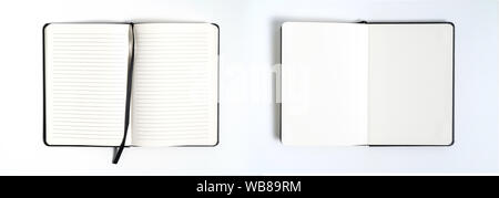 Notebook mock up with clean black blank for design and advertising. Notepad with chromed spring and free copy space template. On the gray background. Stock Photo