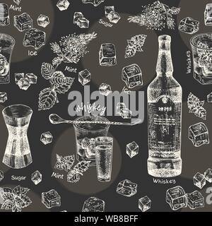 Vintage hand drawn sketch design bar, restaurant, cafe menu on black chalk board background. Seamless pattern. Graphic vector art. Iwhiskey with ice Stock Vector