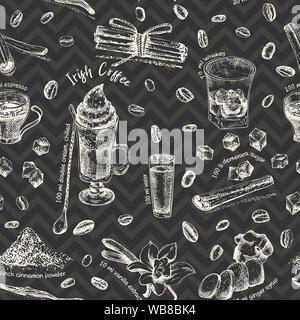 Vintage hand drawn sketch design bar, restaurant, cafe menu on black chalk board background. Seamless pattern Graphic vector art. Irish coffee Stock Vector