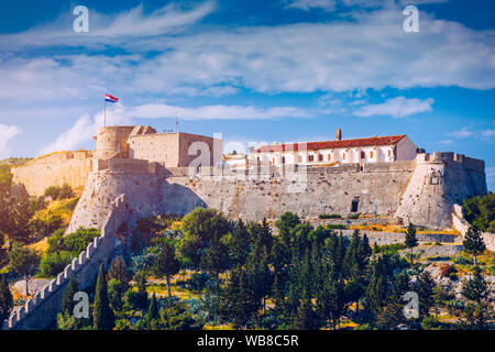 The Fortica fortress (Spanish Fort or Spanjola Fortres) on the Hvar island in Croatia. Ancient fortress on Hvar island over town (citadel), popular to Stock Photo