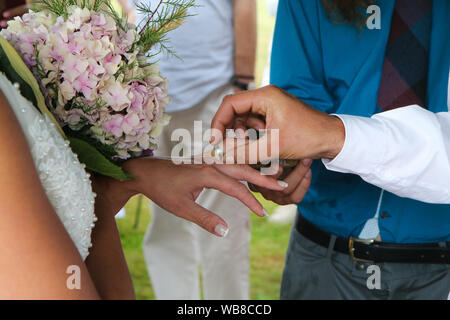 The detail of the hands of the bride and groom during the wedding ceremony. The groom is putting the ring on the bride´s hand. Stock Photo