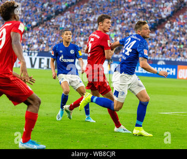 sports, football, Bundesliga, 2019/2020, FC Schalke 04 vs. FC Bayern Munich 0-3, Veltins Arena Gelsenkirchen, scene of the match, f.l.t.r. Kingsley Coman (FCB), Amine Harit (S04), Benjamin Pavard (FCB), Bastian Oczipka (S04), DFL REGULATIONS PROHIBIT ANY USE OF PHOTOGRAPHS AS IMAGE SEQUENCES AND/OR QUASI-VIDEO Stock Photo