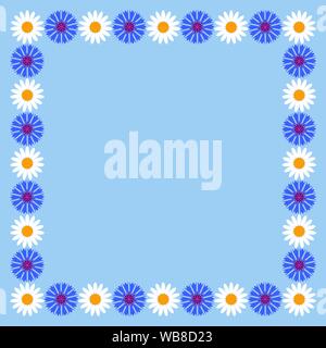 Decorative floral square frame with wild flowers daisies and cornflowers. Vector illustration EPS10. Stock Vector