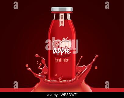 Vector apple juice, fruit glass bottle with drop splash Stock Vector