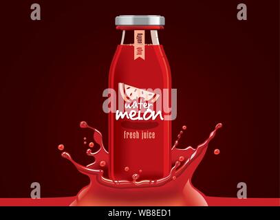 Vector watermelon juice, fruit glass bottle with drop splash Stock Vector