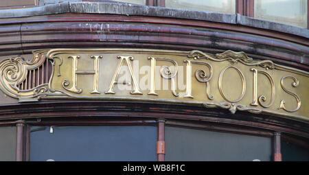 August 24, 2019, London, United Kingdom: Harrods logo seen at Knightsbridge in London. (Credit Image: © Keith Mayhew/SOPA Images via ZUMA Wire) Stock Photo