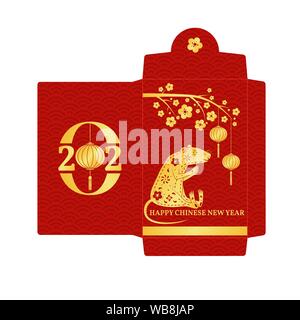 Chinese New Year red envelope flat icon. Vector illustration. Red packet with gold rat and lanterns. Chinese New Year 2020 year of the rat. Stock Vector