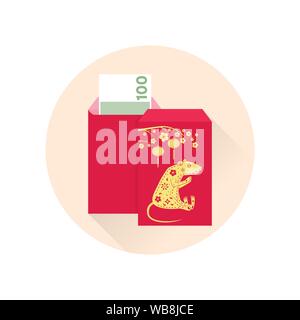 Chinese New Year red envelope flat icon. Vector illustration. Red packet with gold rat and lanterns. Chinese New Year 2019 year of the rat. Stock Vector