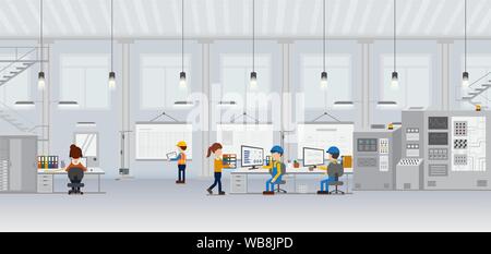 Factory in process with workers working flat design vector illustration Stock Vector