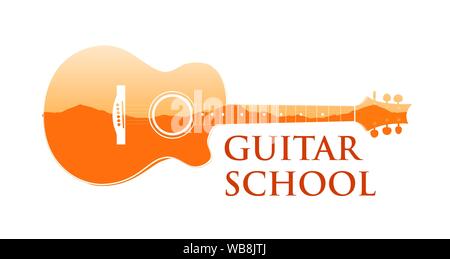 Logo emblem for Guitar music school. Vector illustration of silhouette of guitar with caption on white background isolated - Royalty Free Stock Vector