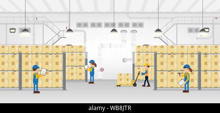 Warehouse in process with workers working flat design vector illustration Stock Vector