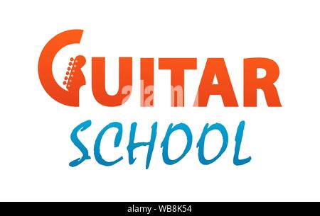 Guitar School - Vector logo for Music Class, Courses, Lessons or Web site. Style design template isolated on white background. Stock Vector