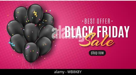 Sale banner for Black Friday. Flying confetti and serpentine. Flying black balloons. Lettering in frame. Pink background and halftone effect. Seasonal Stock Vector