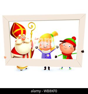 Saint Nicholas or Sinterklaas and children girl and boy with photo frame - isolated on white background Stock Vector