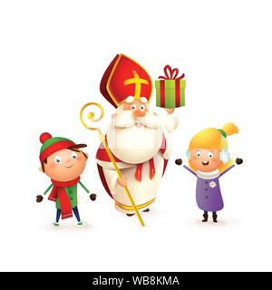 Saint Nicholas with kids girl and boy celebrate holidays - isolated on white background Stock Vector