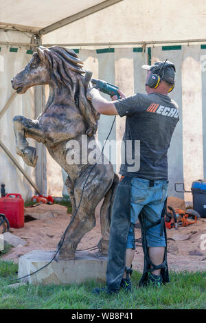 Tabley, Cheshire, UK. 25th Aug, 2019.  The 15th English Open Chainsaw Competition at the Cheshire County Showground, England - Miroslav Trnovsky from Slovakia is busy finishing his stallion Credit: John Hopkins/Alamy Live News Stock Photo