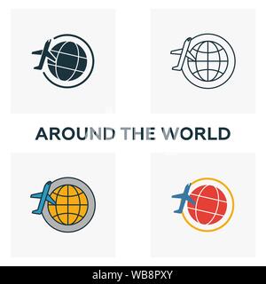 Around The World icon set. Four elements in diferent styles from airport icons collection. Creative around the world icons filled, outline, colored Stock Vector