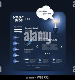 Dark Blue Technology Website Design Template with Shiny Bright Light Bulb and Speech Bubble in Freely Scalable and Editable Vector Format Stock Vector