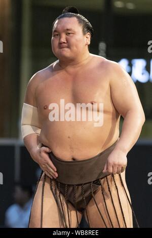 Tokyo, Japan. 25th Aug, 2019. A Sumo wrestler Hakuho Sho participates in a special Grand Sumo Tournament during the ''Hakkiyoi KITTE'' event held at KITTE commercial complex. Every year, visitors came to see the matches of top-division sumo wrestlers, including grand champions (Yokozuna), in a Tokyo regional tour ''Grand Sumo Tournament at KITTE'' that is held on the final day of the event. The Hakkiyoi KITTE event promotes the sumo culture to visitors to learn and experience Japan's national sport. The event is held at KITTE commercial complex inside the Japan Post building from August 13 to Stock Photo